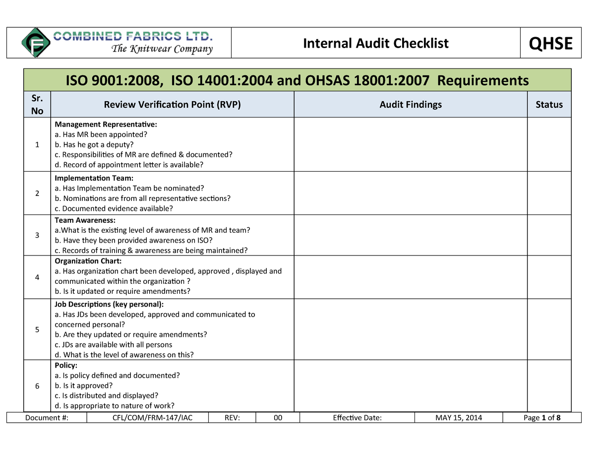 iso 9001 internal audit plan